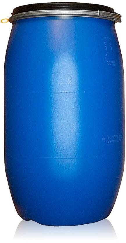 Bidon / Fût en plastique bleu de 120 litres avec cerclage métallique
