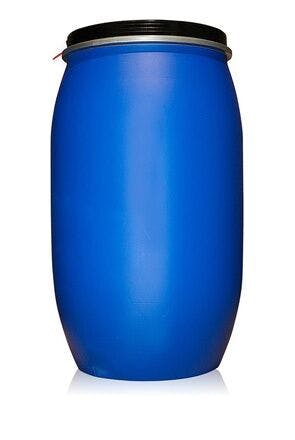 Bidon / Fût en plastique bleu de 220 litres avec cerclage métallique