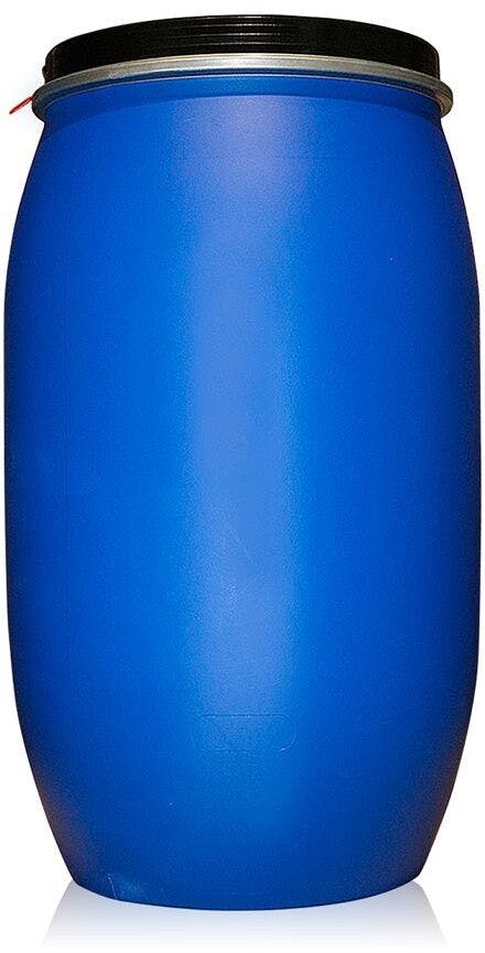 Bidon / Fût en plastique bleu de 220 litres avec cerclage métallique