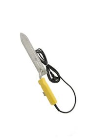 Electric uncapping knife with smooth double-edged blade.